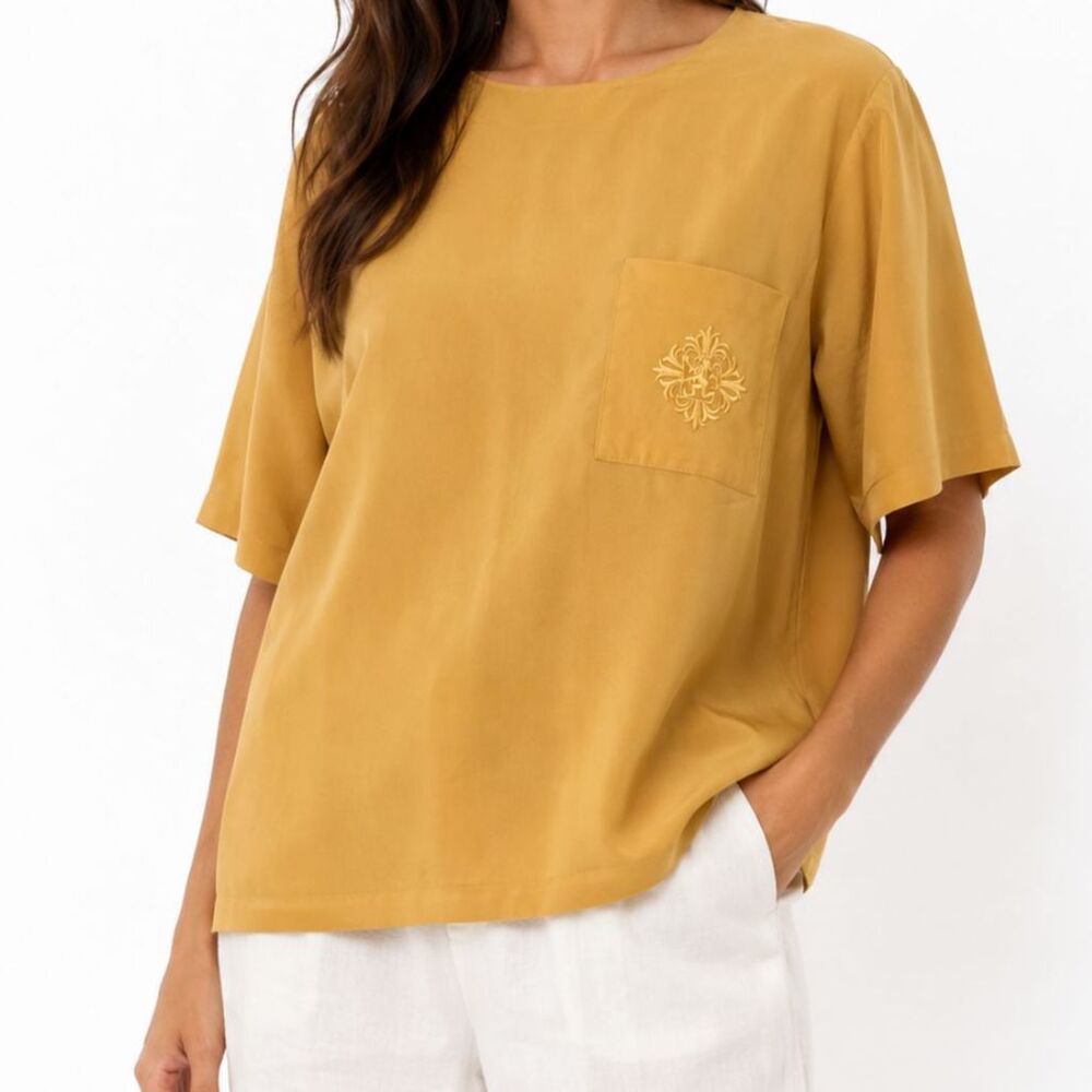 Vtg Austin Reed 100% Silk Blouse Womens 14 Goldenrod Boxy Short Sleeve
